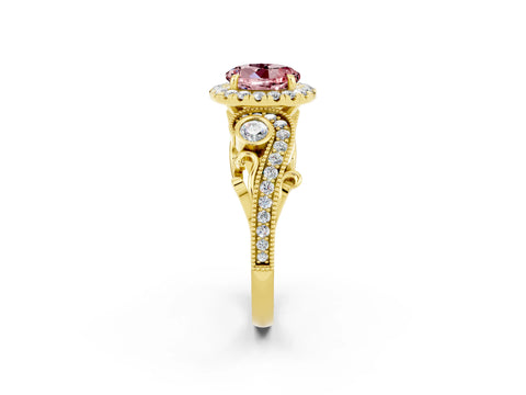 Yellow gold Round Cut Morganite Halo Ring with Milgrain Pavé Band and Four-Prong Setting_14