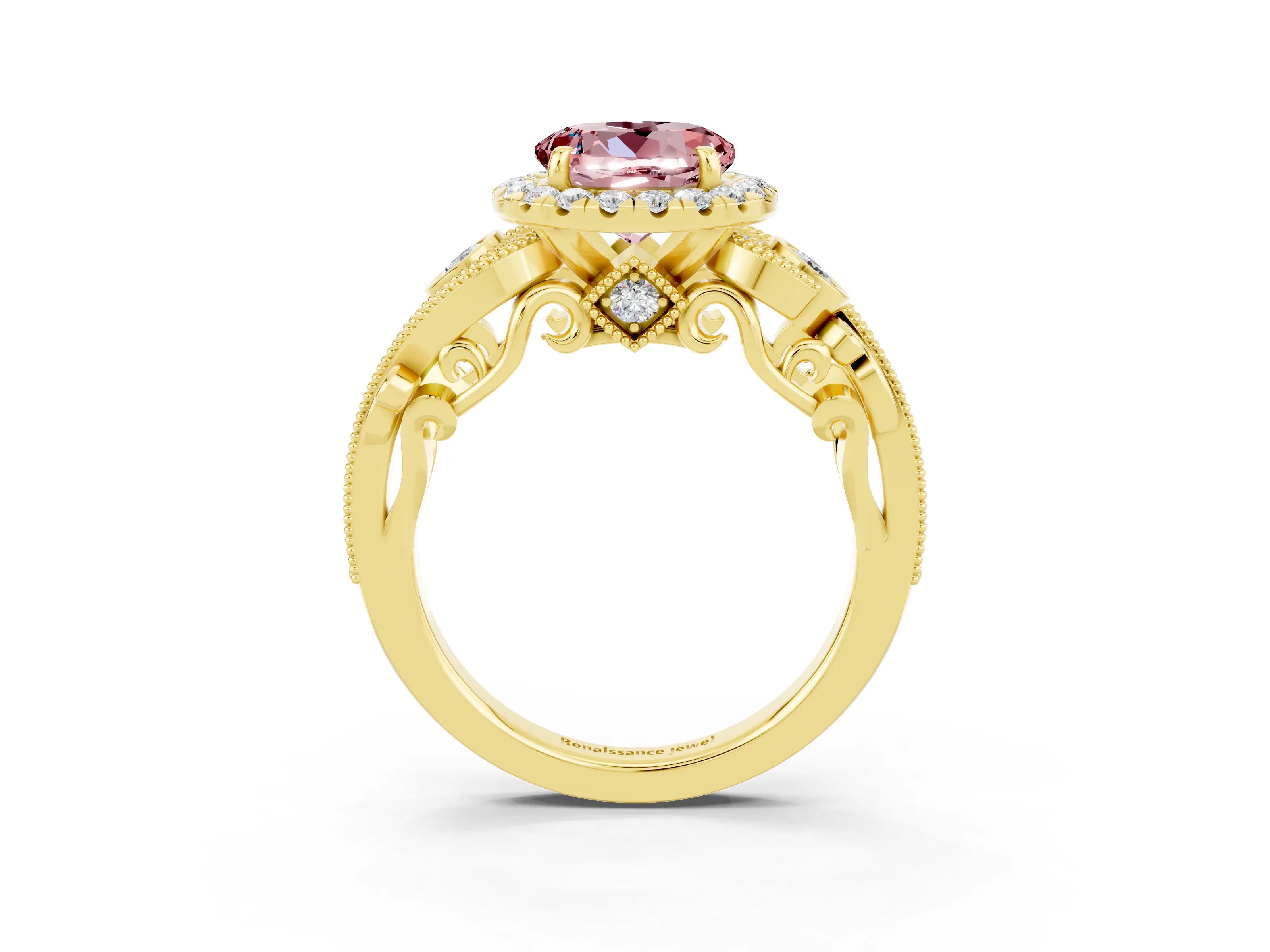 Yellow gold Round Cut Morganite Halo Ring with Milgrain Pavé Band and Four-Prong Setting_15