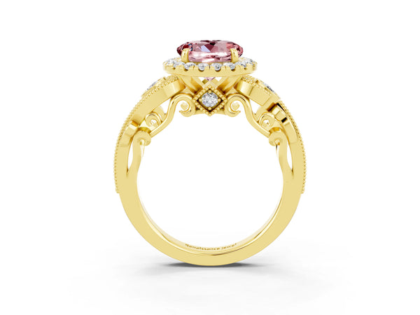 Yellow gold Round Cut Morganite Halo Ring with Milgrain Pavé Band and Four-Prong Setting