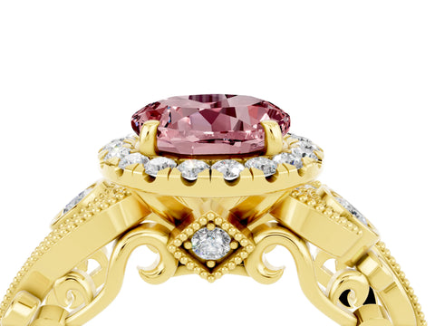 Yellow gold Round Cut Morganite Halo Ring with Milgrain Pavé Band and Four-Prong Setting_16