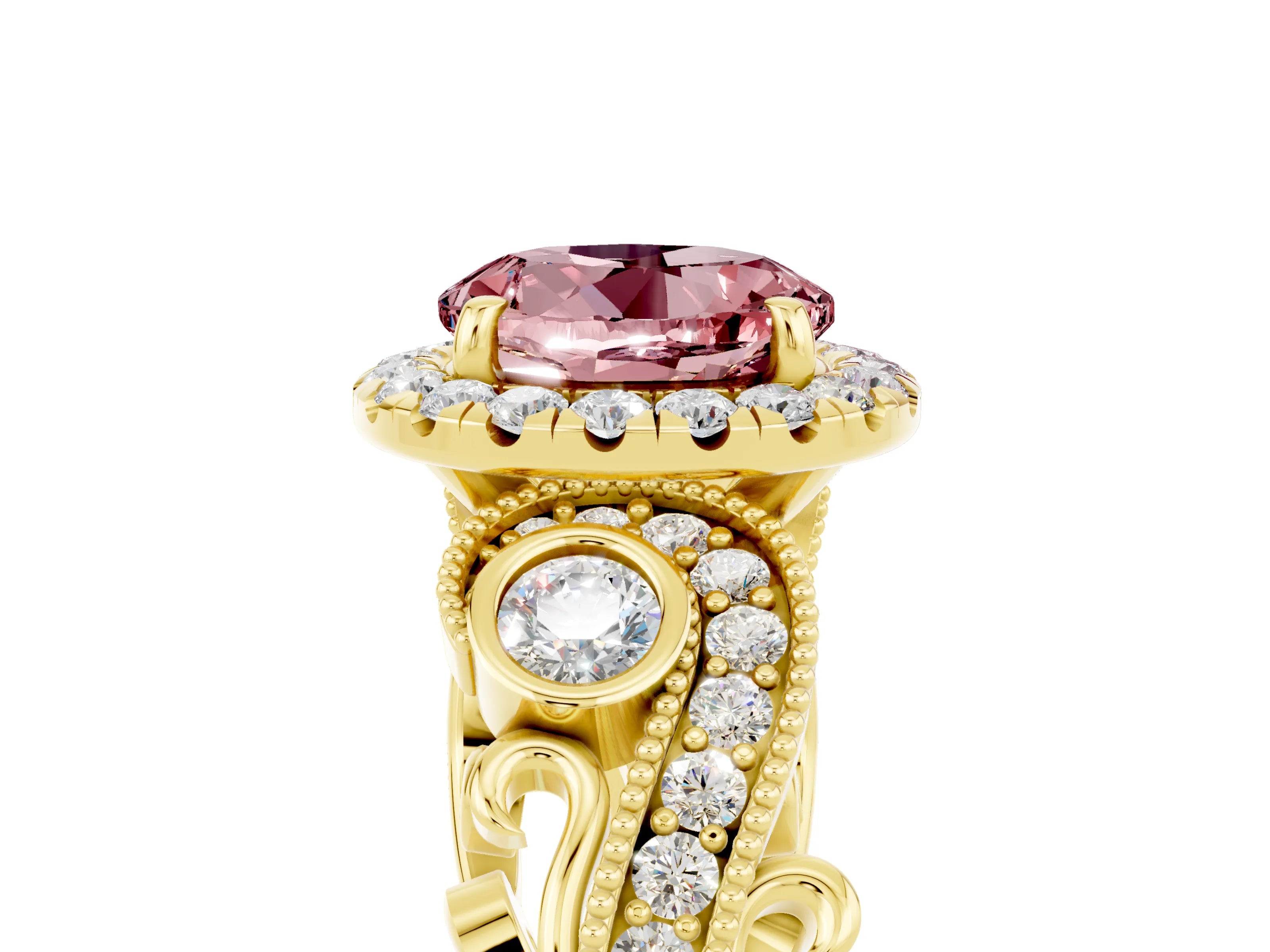 Yellow gold Round Cut Morganite Halo Ring with Milgrain Pavé Band and Four-Prong Setting_17