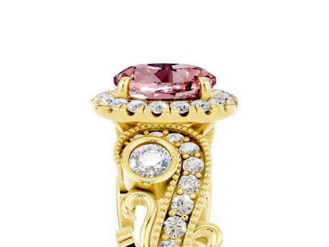 Yellow gold Round Cut Morganite Halo Ring with Milgrain Pavé Band and Four-Prong Setting_17