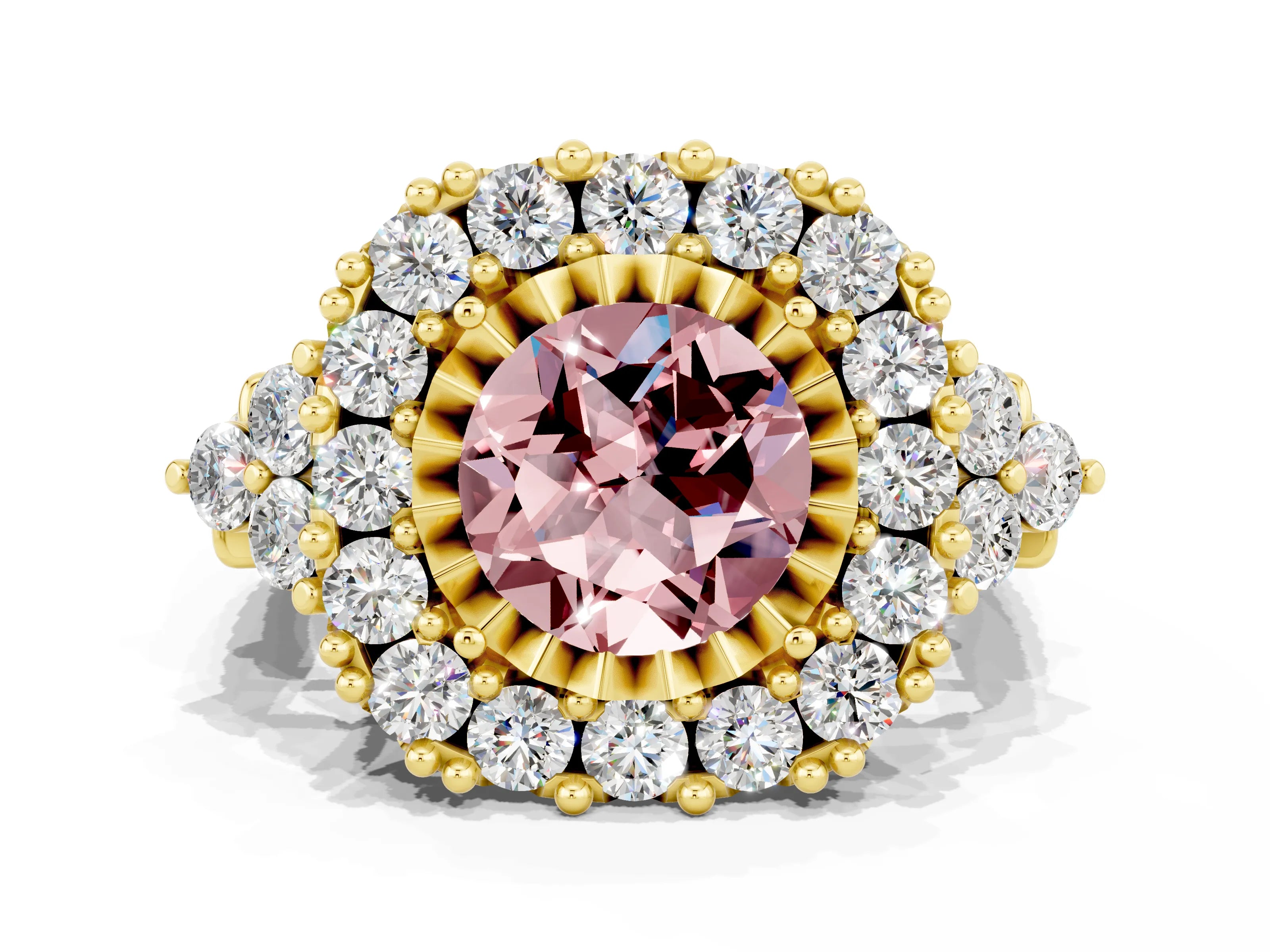 Yellow gold Round Cut Morganite Halo Ring with Pavé Band and Four-Prong Setting_12