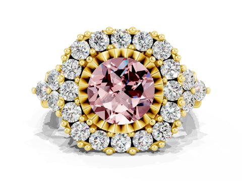 Yellow gold Round Cut Morganite Halo Ring with Pavé Band and Four-Prong Setting_12