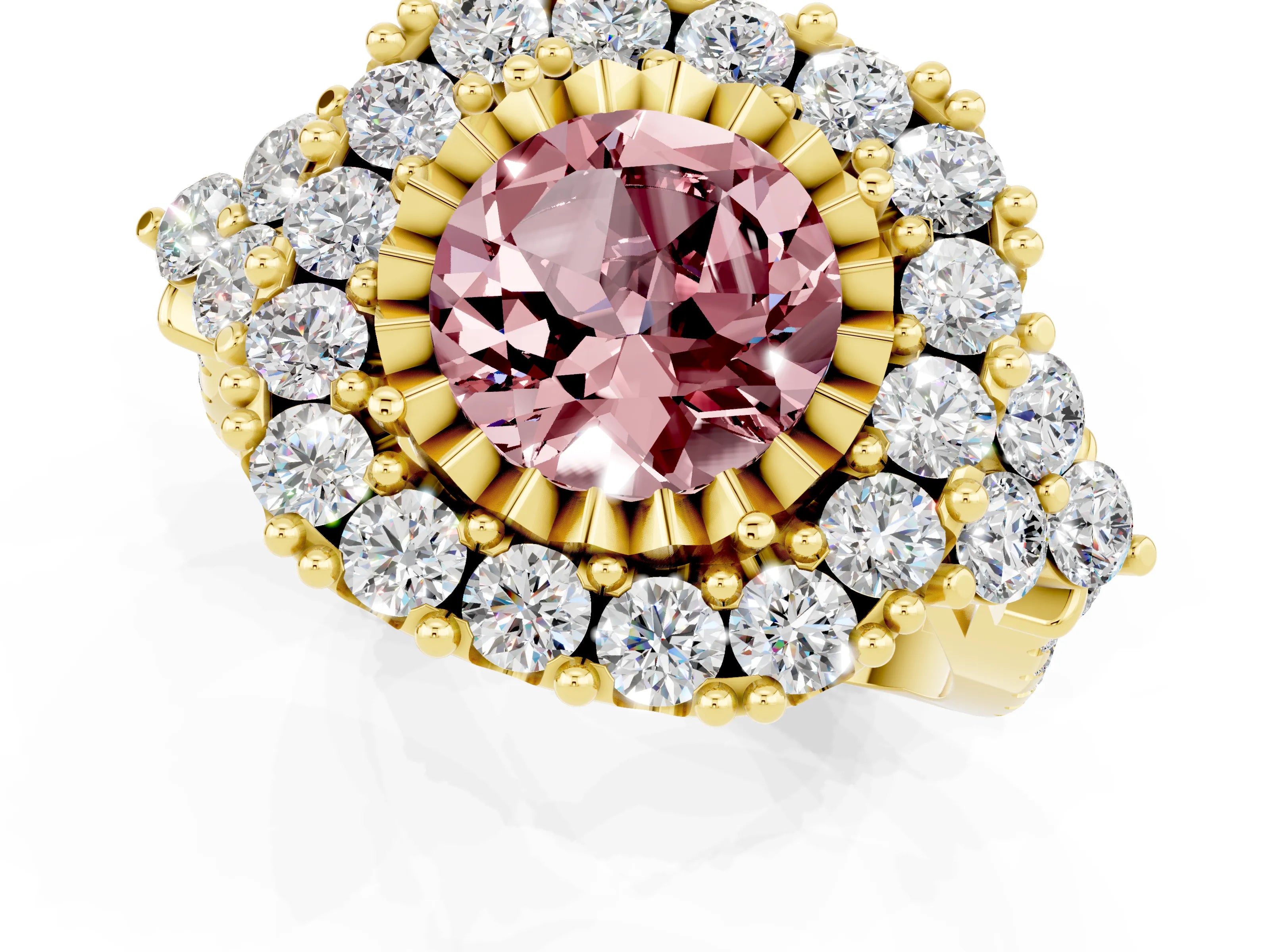 Yellow gold Round Cut Morganite Halo Ring with Pavé Band and Four-Prong Setting_13
