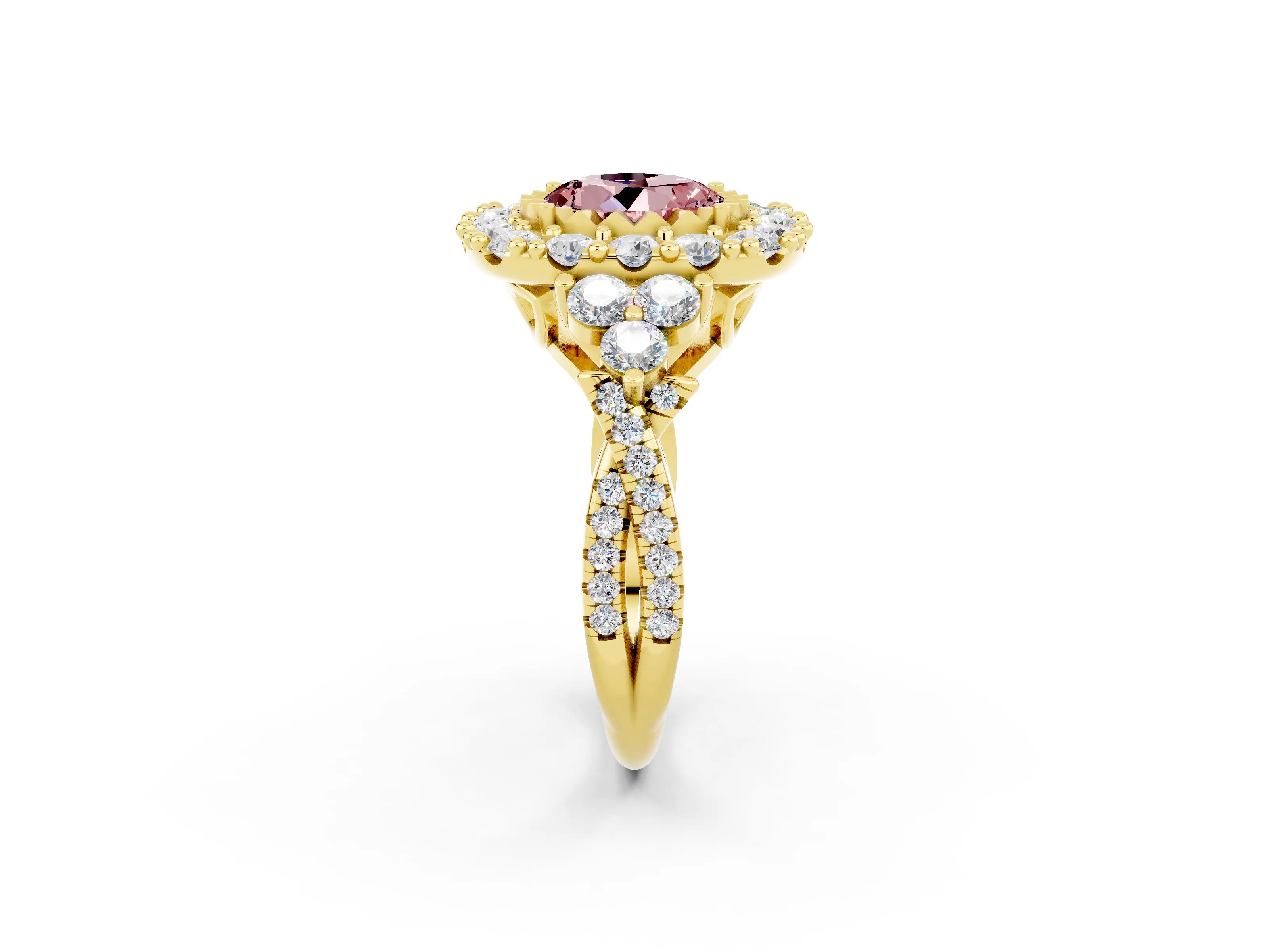 Yellow gold Round Cut Morganite Halo Ring with Pavé Band and Four-Prong Setting_14