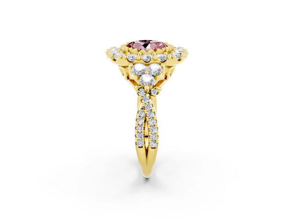 Yellow gold Round Cut Morganite Halo Ring with Pavé Band and Four-Prong Setting