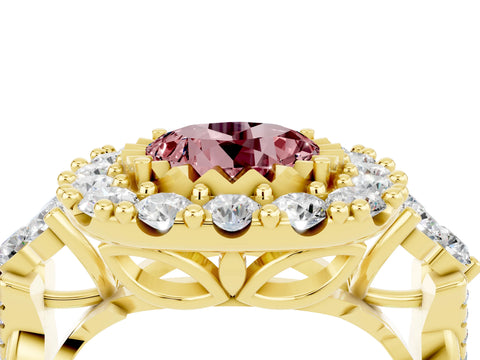 Yellow gold Round Cut Morganite Halo Ring with Pavé Band and Four-Prong Setting_16