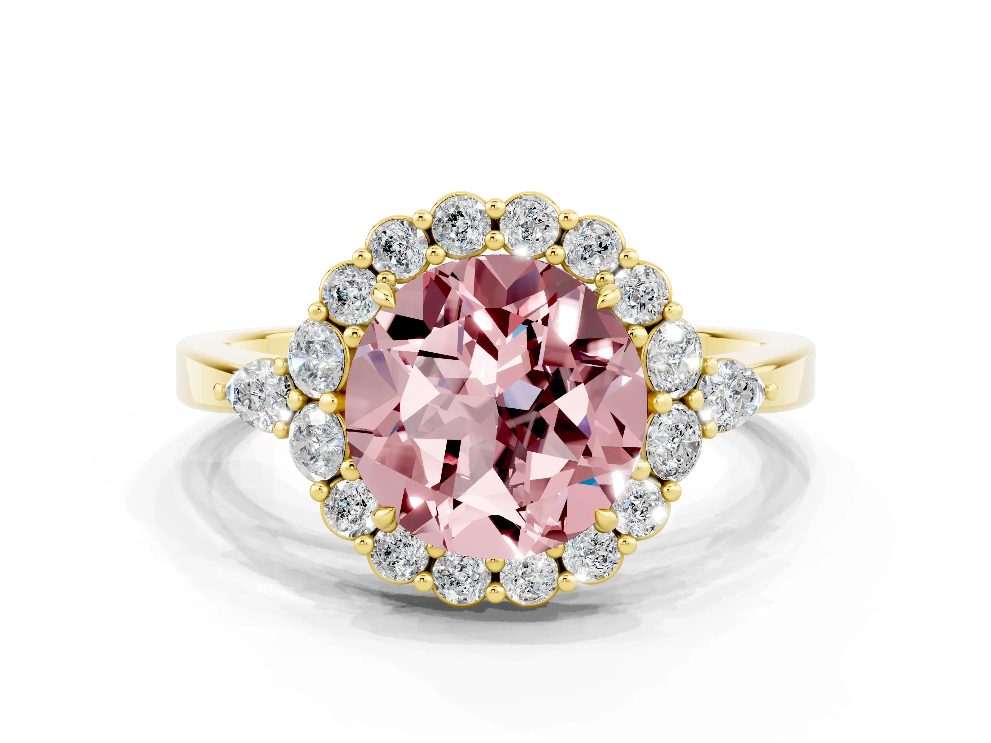 Yellow gold Round Cut Morganite Halo Ring with Pear Side Stones and Prong Setting_12