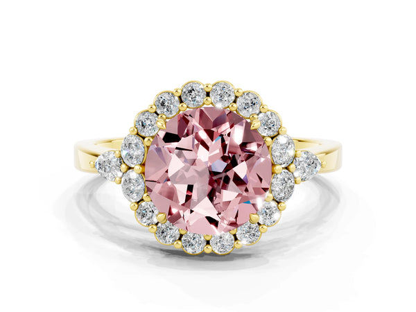 Yellow gold Round Cut Morganite Halo Ring with Pear Side Stones and Prong Setting