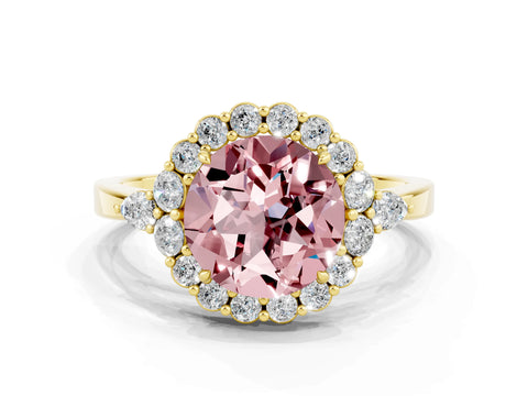 Yellow gold Round Cut Morganite Halo Ring with Pear Side Stones and Prong Setting_12