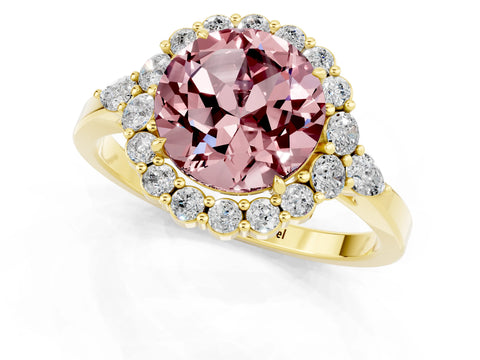 Yellow gold Round Cut Morganite Halo Ring with Pear Side Stones and Prong Setting_13