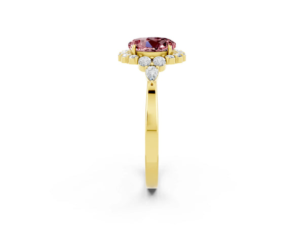 Yellow gold Round Cut Morganite Halo Ring with Pear Side Stones and Prong Setting