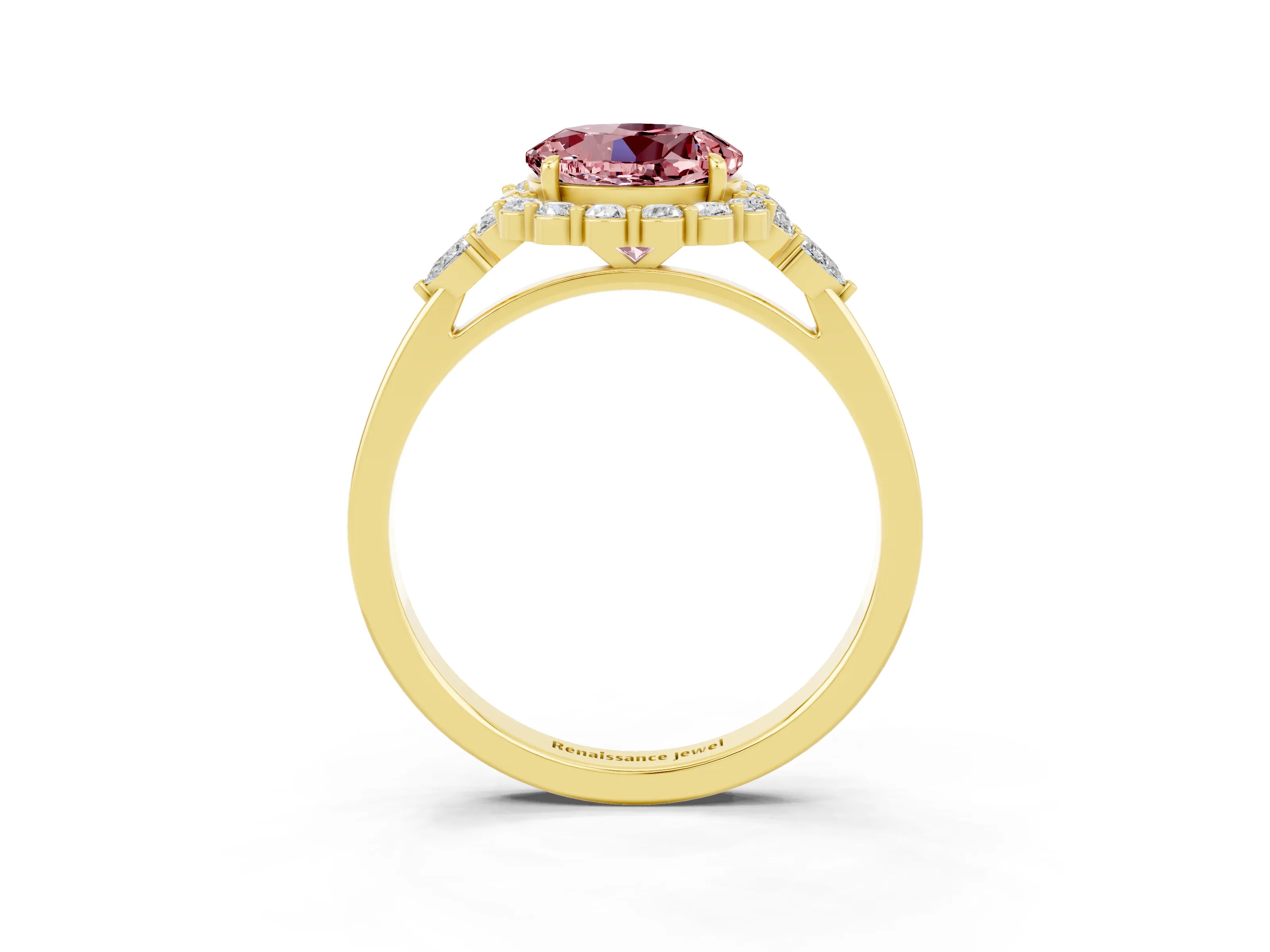 Yellow gold Round Cut Morganite Halo Ring with Pear Side Stones and Prong Setting_15