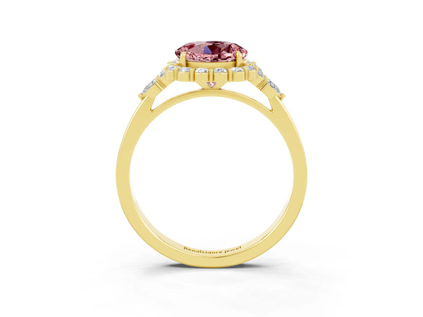 Yellow gold Round Cut Morganite Halo Ring with Pear Side Stones and Prong Setting