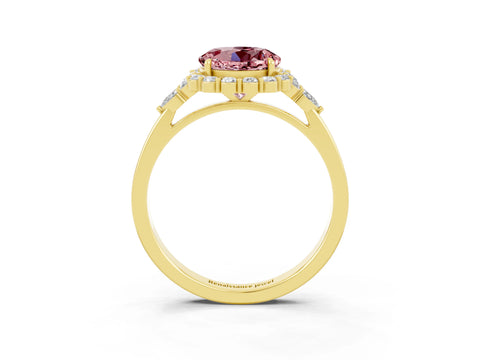 Yellow gold Round Cut Morganite Halo Ring with Pear Side Stones and Prong Setting_15
