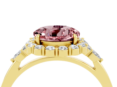 Yellow gold Round Cut Morganite Halo Ring with Pear Side Stones and Prong Setting_16