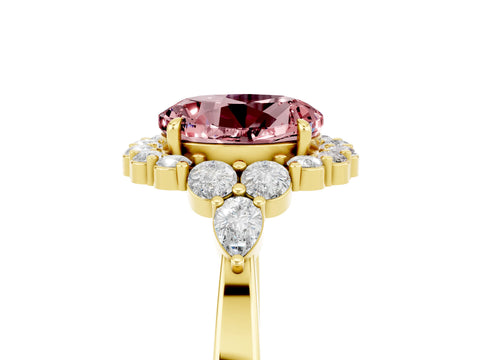 Yellow gold Round Cut Morganite Halo Ring with Pear Side Stones and Prong Setting_17