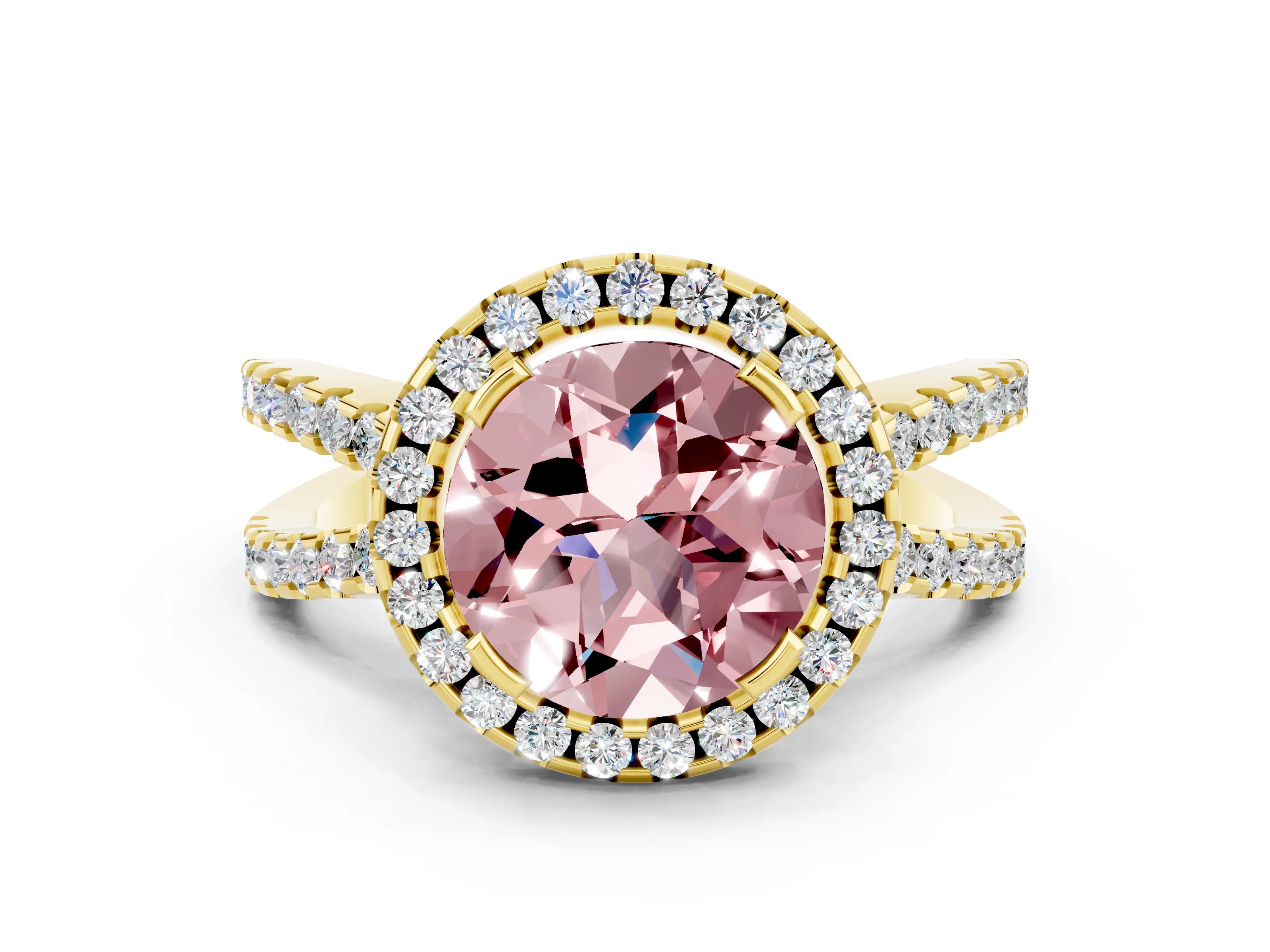 Yellow gold Round Cut Morganite Halo Ring with Split Shank Pavé Band and Prong Setting