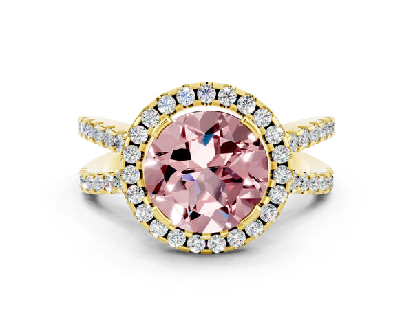 Yellow gold Round Cut Morganite Halo Ring with Split Shank Pavé Band and Prong Setting