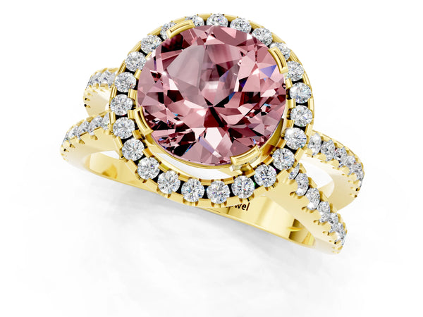 Yellow gold Round Cut Morganite Halo Ring with Split Shank Pavé Band and Prong Setting