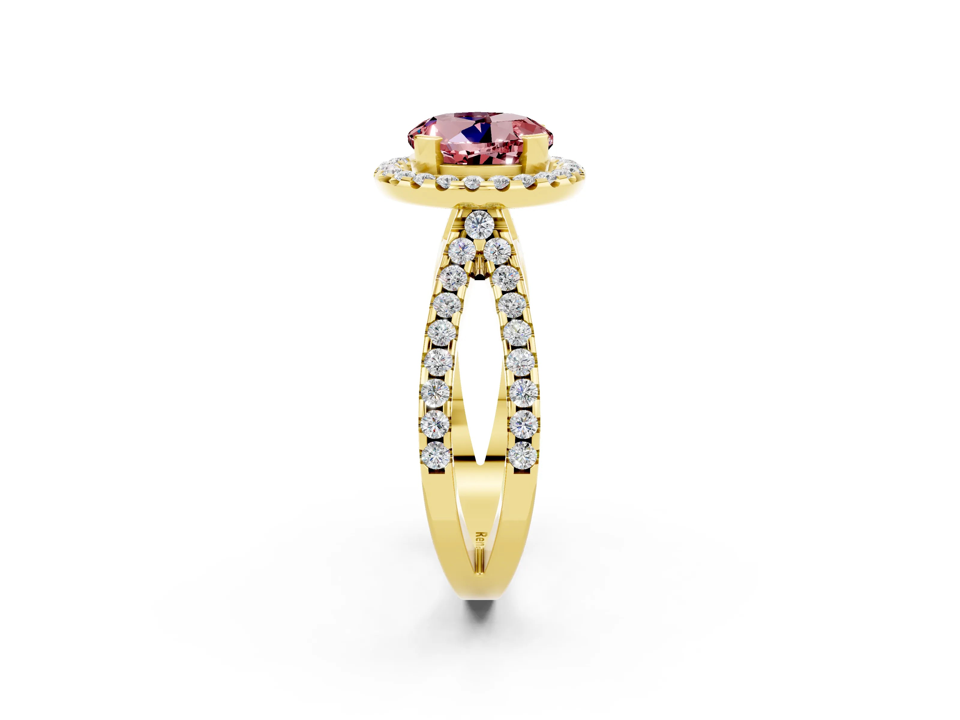 Yellow gold Round Cut Morganite Halo Ring with Split Shank Pavé Band and Prong Setting_2