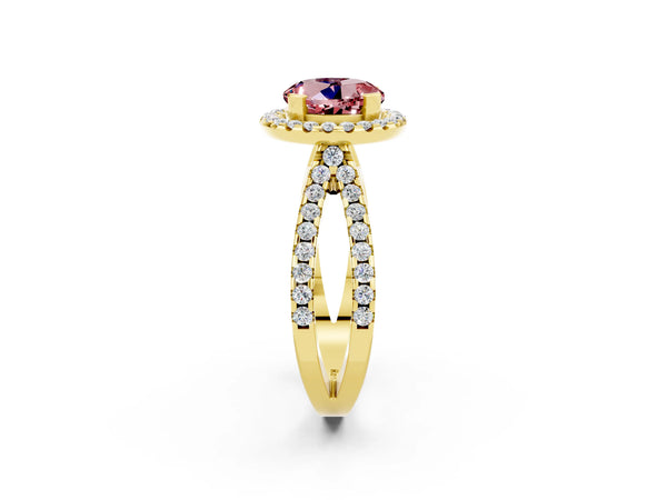 Yellow gold Round Cut Morganite Halo Ring with Split Shank Pavé Band and Prong Setting