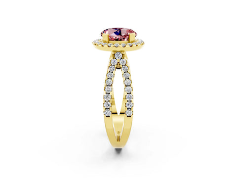 Yellow gold Round Cut Morganite Halo Ring with Split Shank Pavé Band and Prong Setting_2