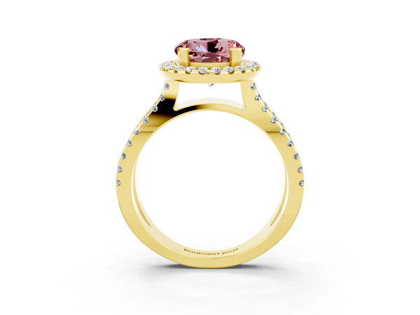 Yellow gold Round Cut Morganite Halo Ring with Split Shank Pavé Band and Prong Setting