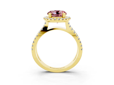 Yellow gold Round Cut Morganite Halo Ring with Split Shank Pavé Band and Prong Setting_3