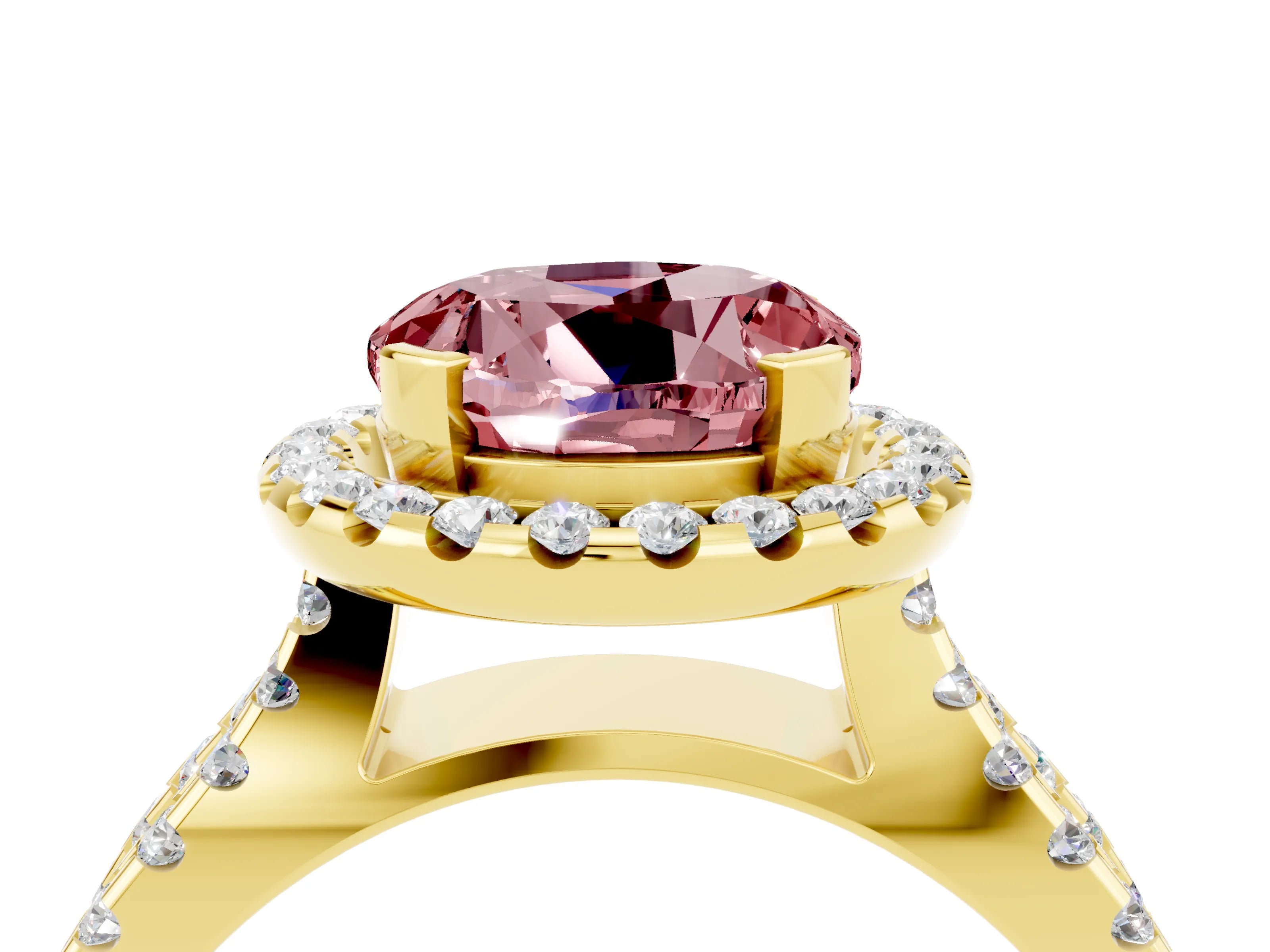 Yellow gold Round Cut Morganite Halo Ring with Split Shank Pavé Band and Prong Setting_4