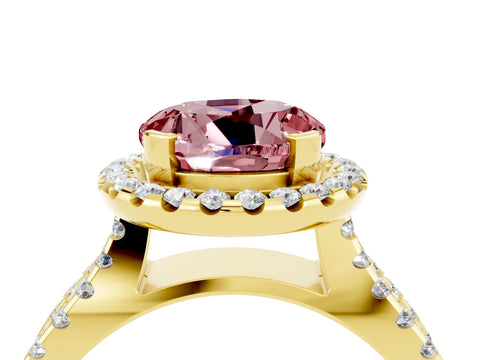 Yellow gold Round Cut Morganite Halo Ring with Split Shank Pavé Band and Prong Setting_4