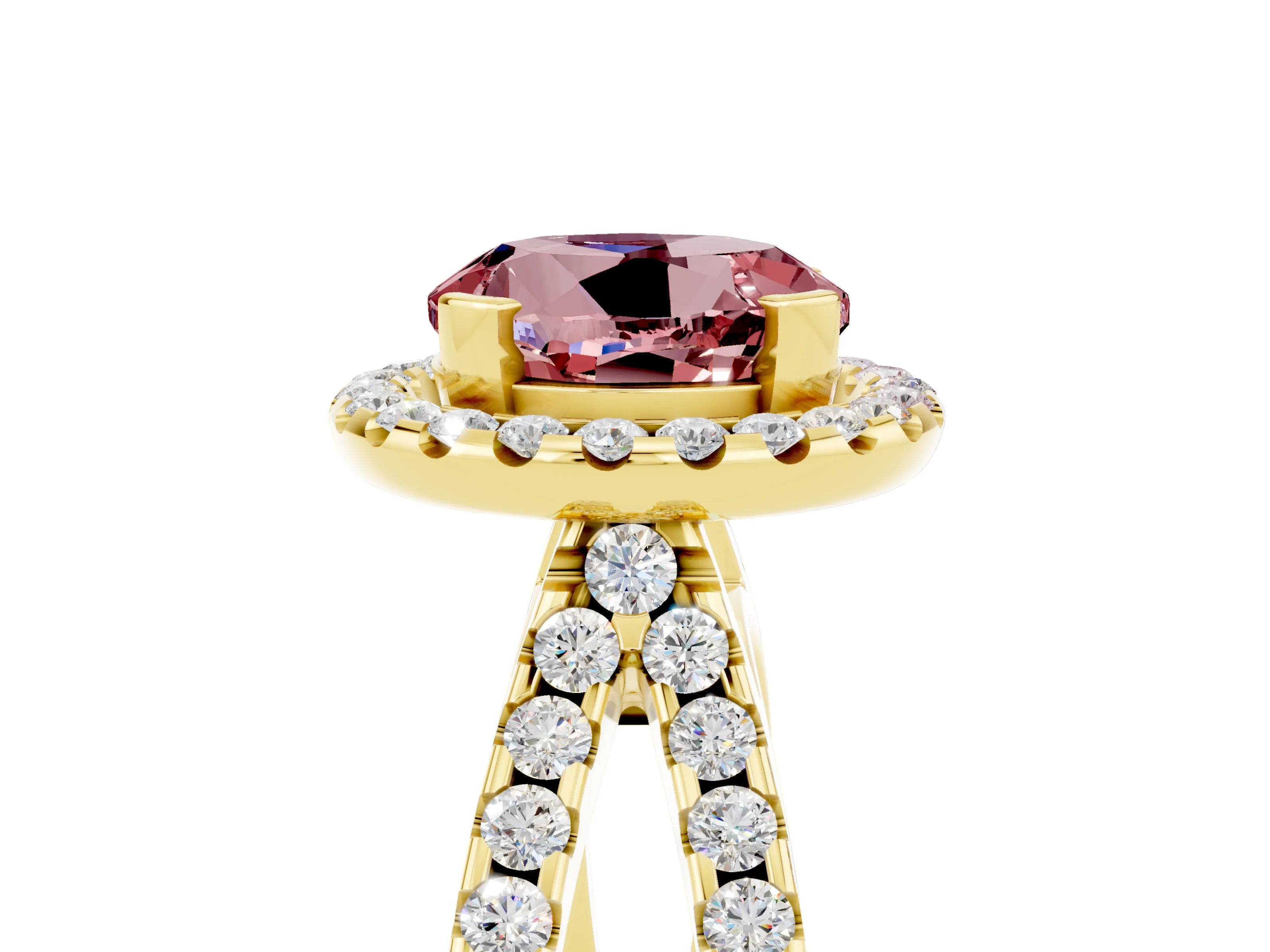 Yellow gold Round Cut Morganite Halo Ring with Split Shank Pavé Band and Prong Setting_5