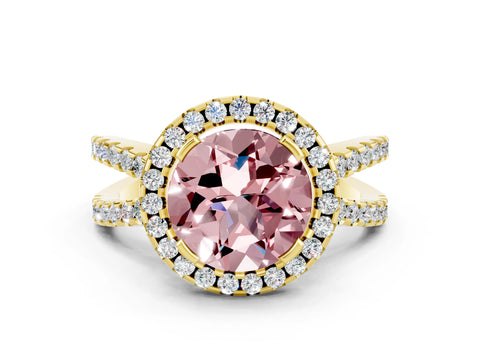 Yellow gold Round Cut Morganite Halo Ring with Split Shank Pavé Band and Prong Setting