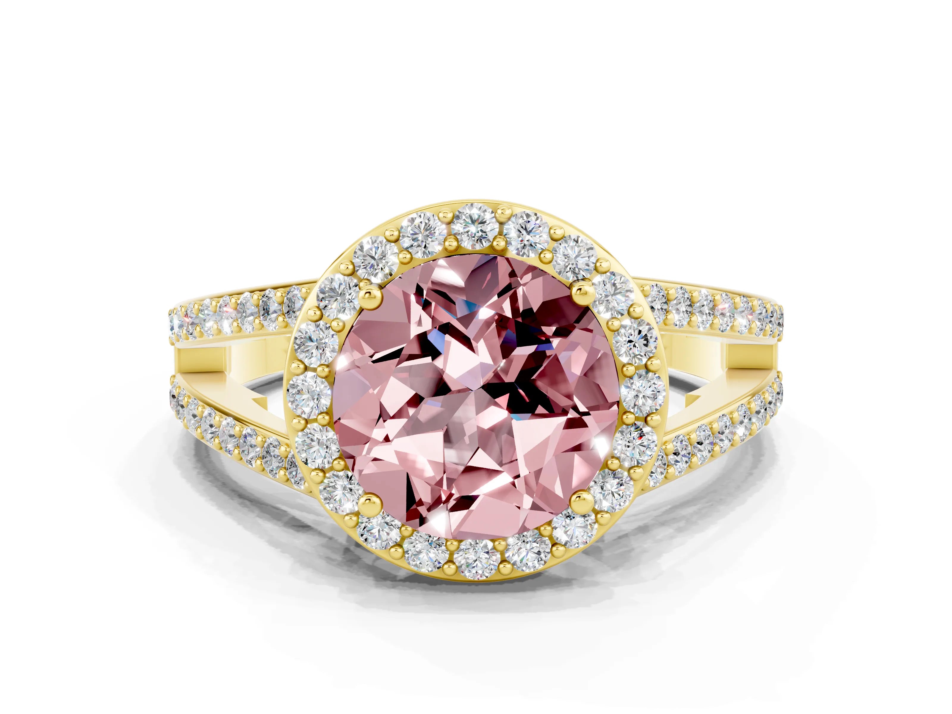 Yellow gold Round Cut Morganite Halo Ring with Split Shank U-Prong Band and Four-Prong Setting