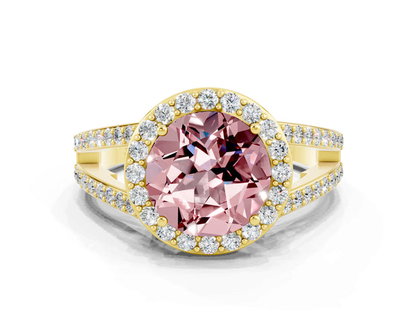 Yellow gold Round Cut Morganite Halo Ring with Split Shank U-Prong Band and Four-Prong Setting