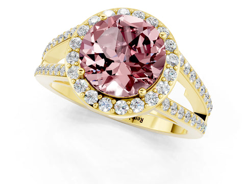 Yellow gold Round Cut Morganite Halo Ring with Split Shank U-Prong Band and Four-Prong Setting_1