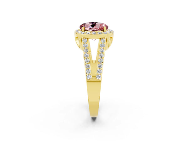 Yellow gold Round Cut Morganite Halo Ring with Split Shank U-Prong Band and Four-Prong Setting