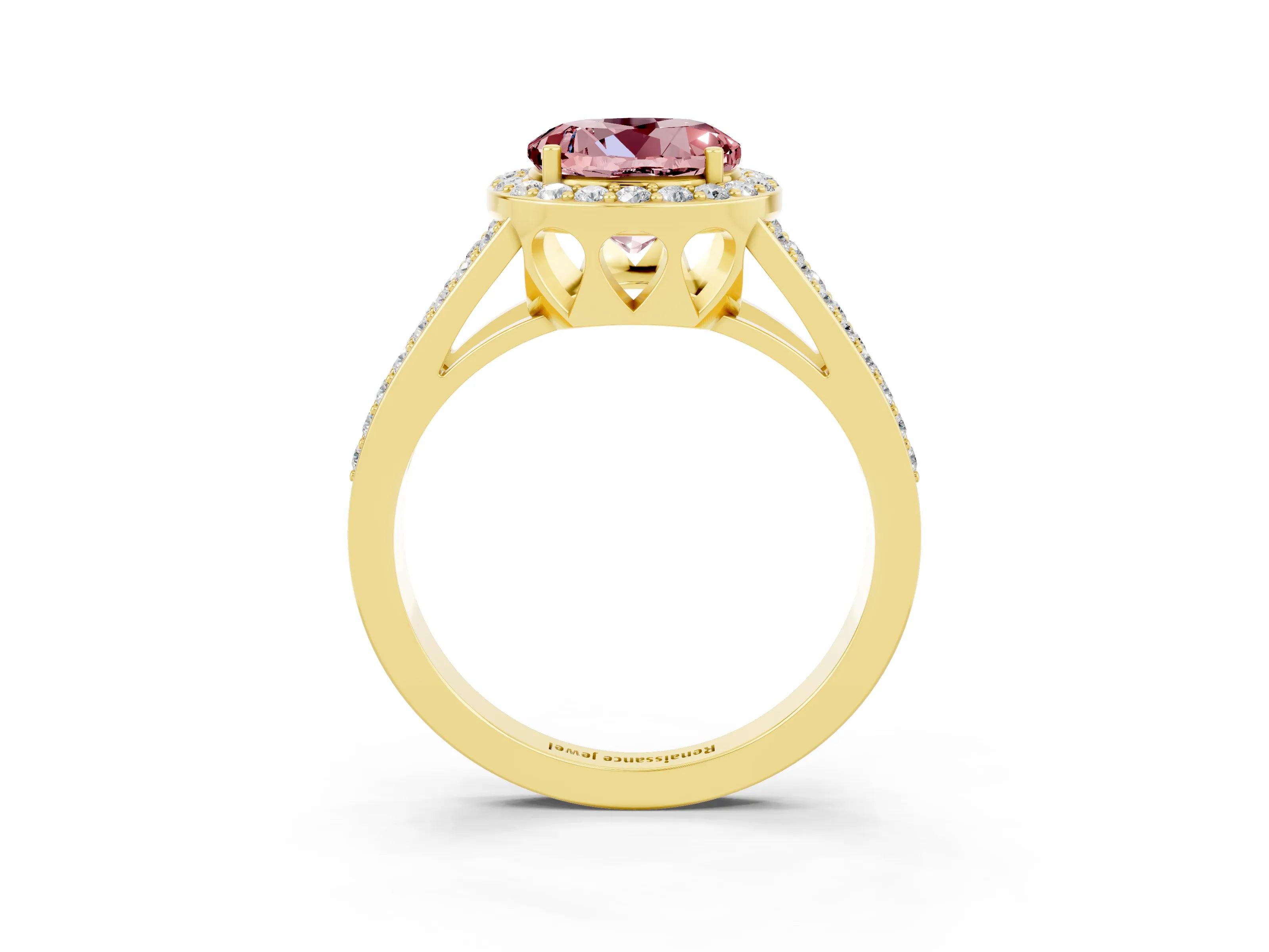 Yellow gold Round Cut Morganite Halo Ring with Split Shank U-Prong Band and Four-Prong Setting_3