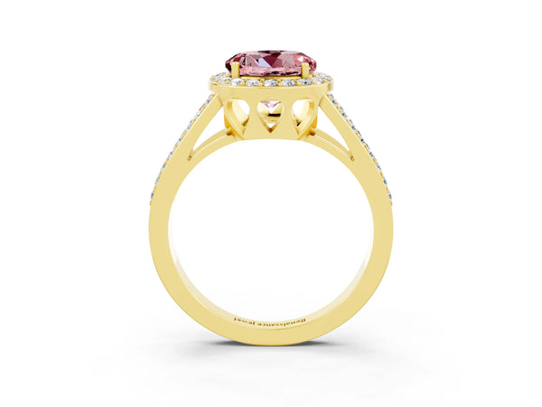 Yellow gold Round Cut Morganite Halo Ring with Split Shank U-Prong Band and Four-Prong Setting