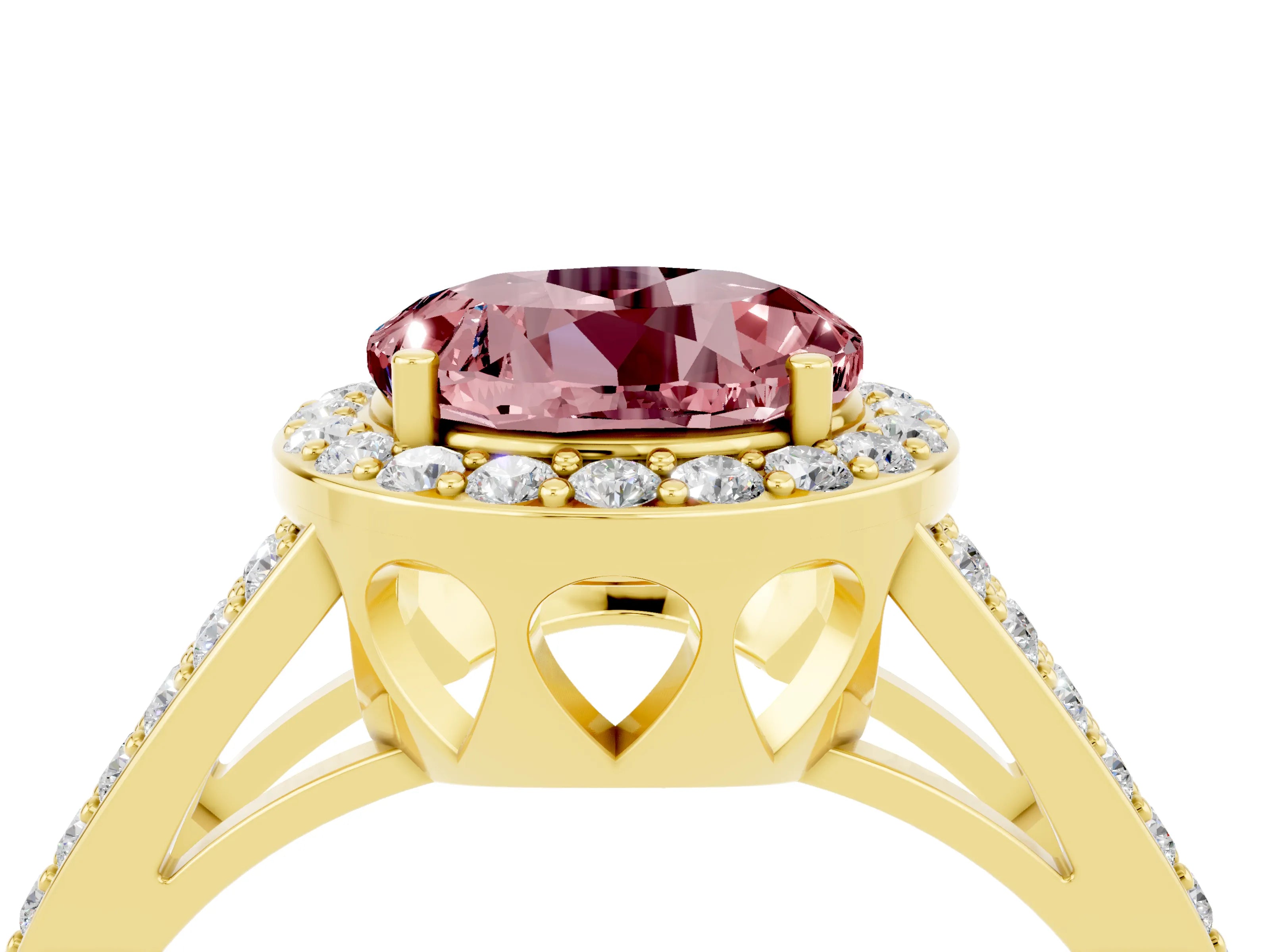 Yellow gold Round Cut Morganite Halo Ring with Split Shank U-Prong Band and Four-Prong Setting_4