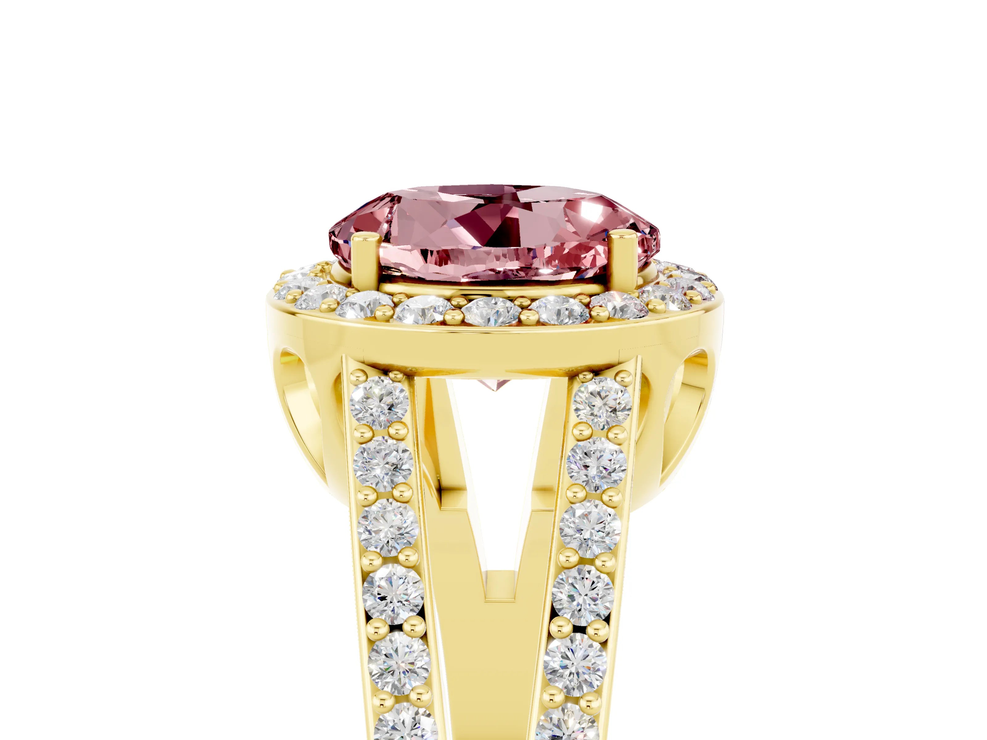 Yellow gold Round Cut Morganite Halo Ring with Split Shank U-Prong Band and Four-Prong Setting_5
