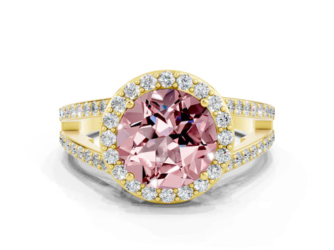 Yellow gold Round Cut Morganite Halo Ring with Split Shank U-Prong Band and Four-Prong Setting