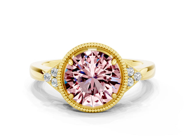 Yellow gold Round Cut Morganite Halo Ring with Tapered Band and Four-Prong Setting