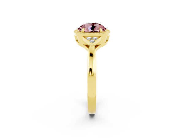 Yellow gold Round Cut Morganite Halo Ring with Tapered Band and Four-Prong Setting