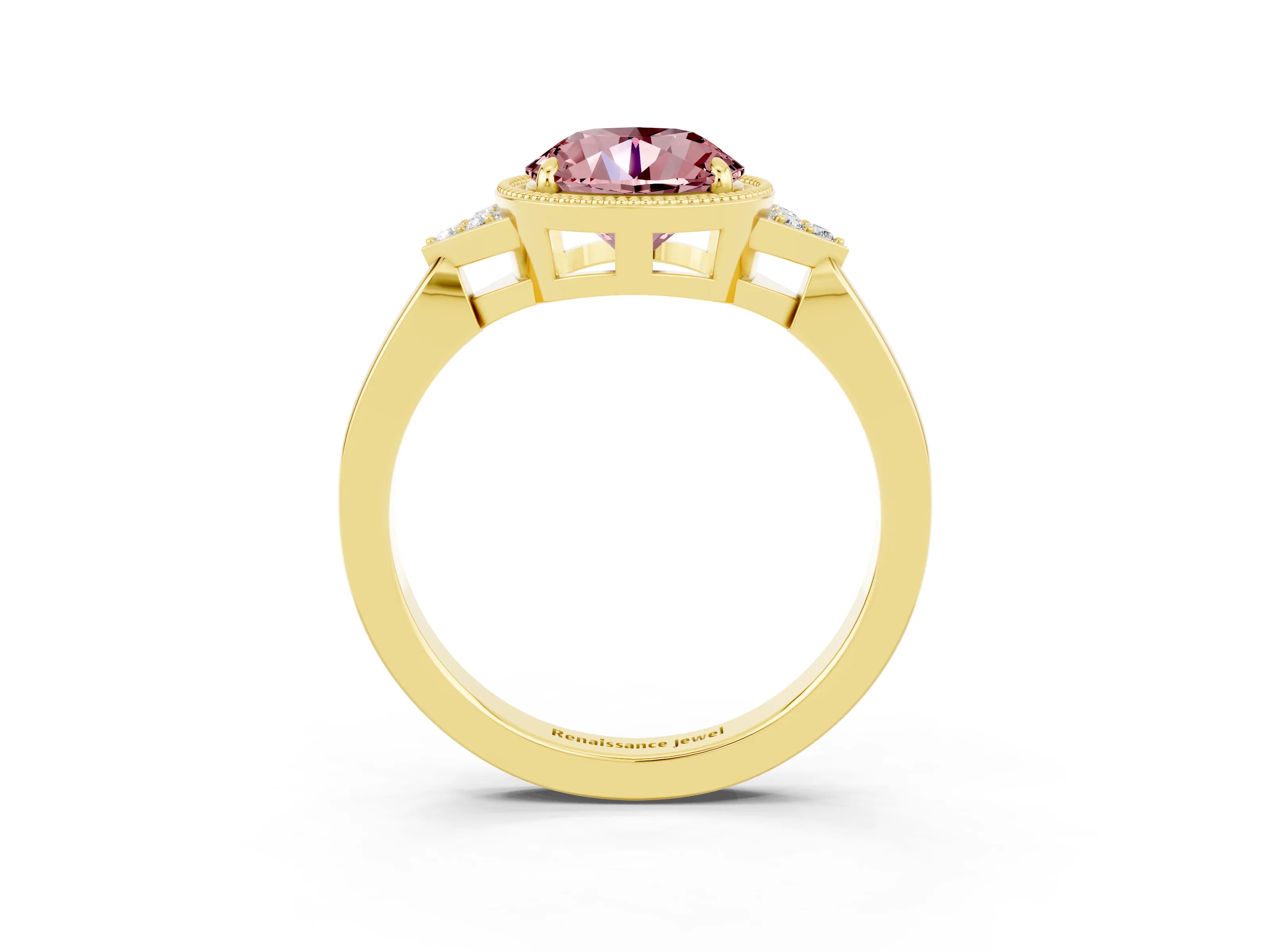Yellow gold Round Cut Morganite Halo Ring with Tapered Band and Four-Prong Setting_3
