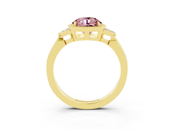 Yellow gold Round Cut Morganite Halo Ring with Tapered Band and Four-Prong Setting