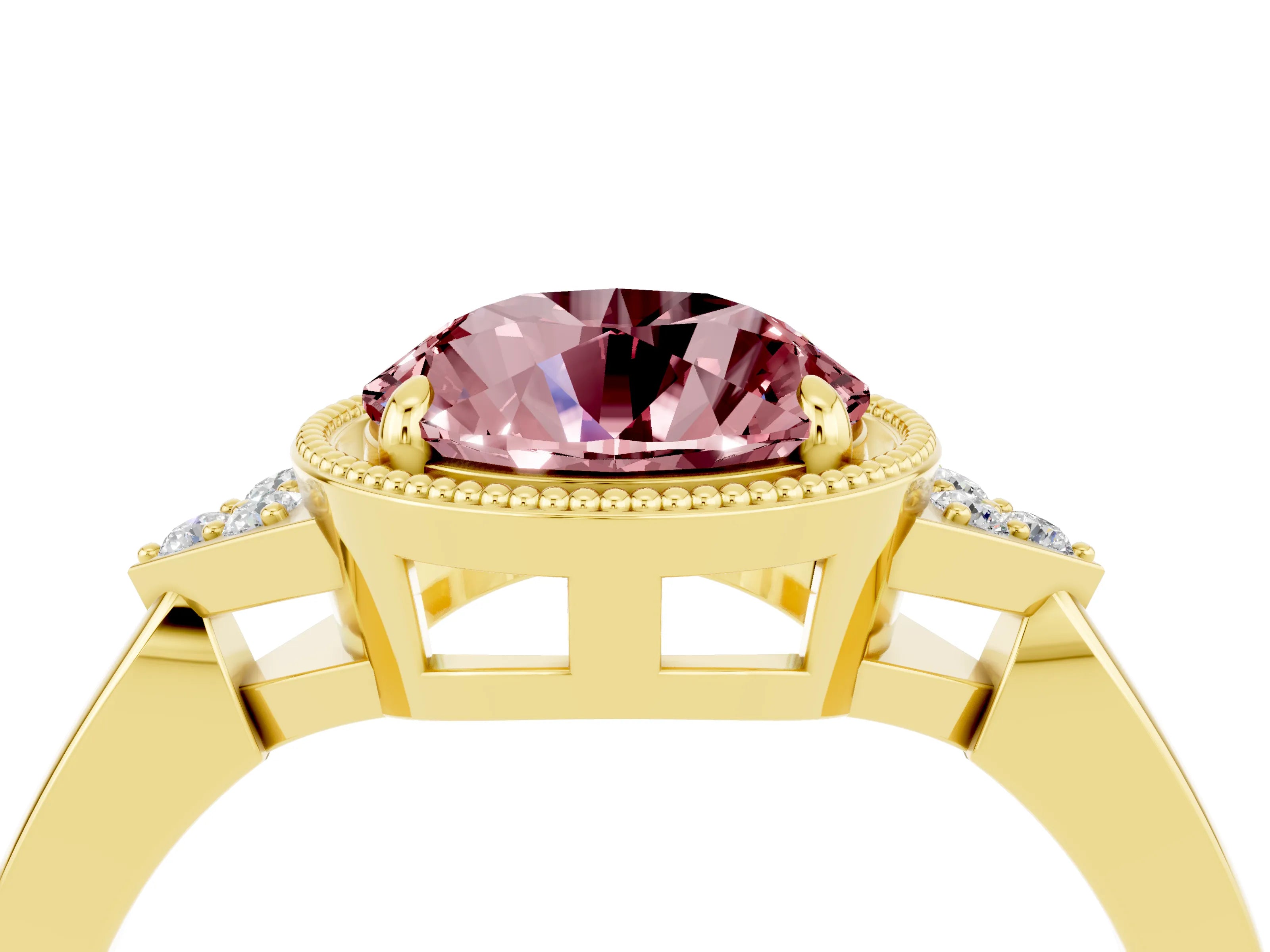 Yellow gold Round Cut Morganite Halo Ring with Tapered Band and Four-Prong Setting_4