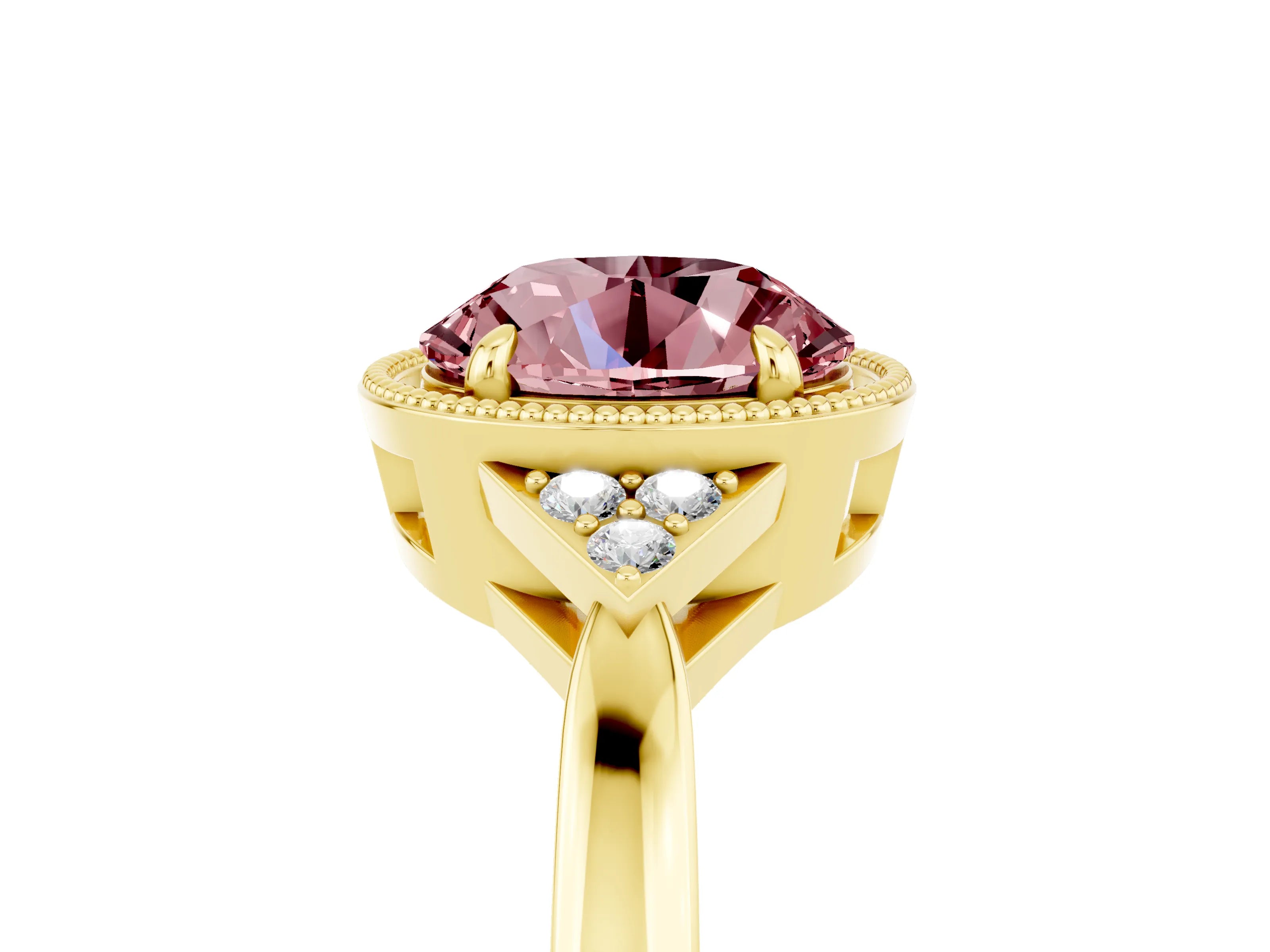 Yellow gold Round Cut Morganite Halo Ring with Tapered Band and Four-Prong Setting_5