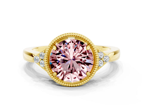 Yellow gold Round Cut Morganite Halo Ring with Tapered Band and Four-Prong Setting